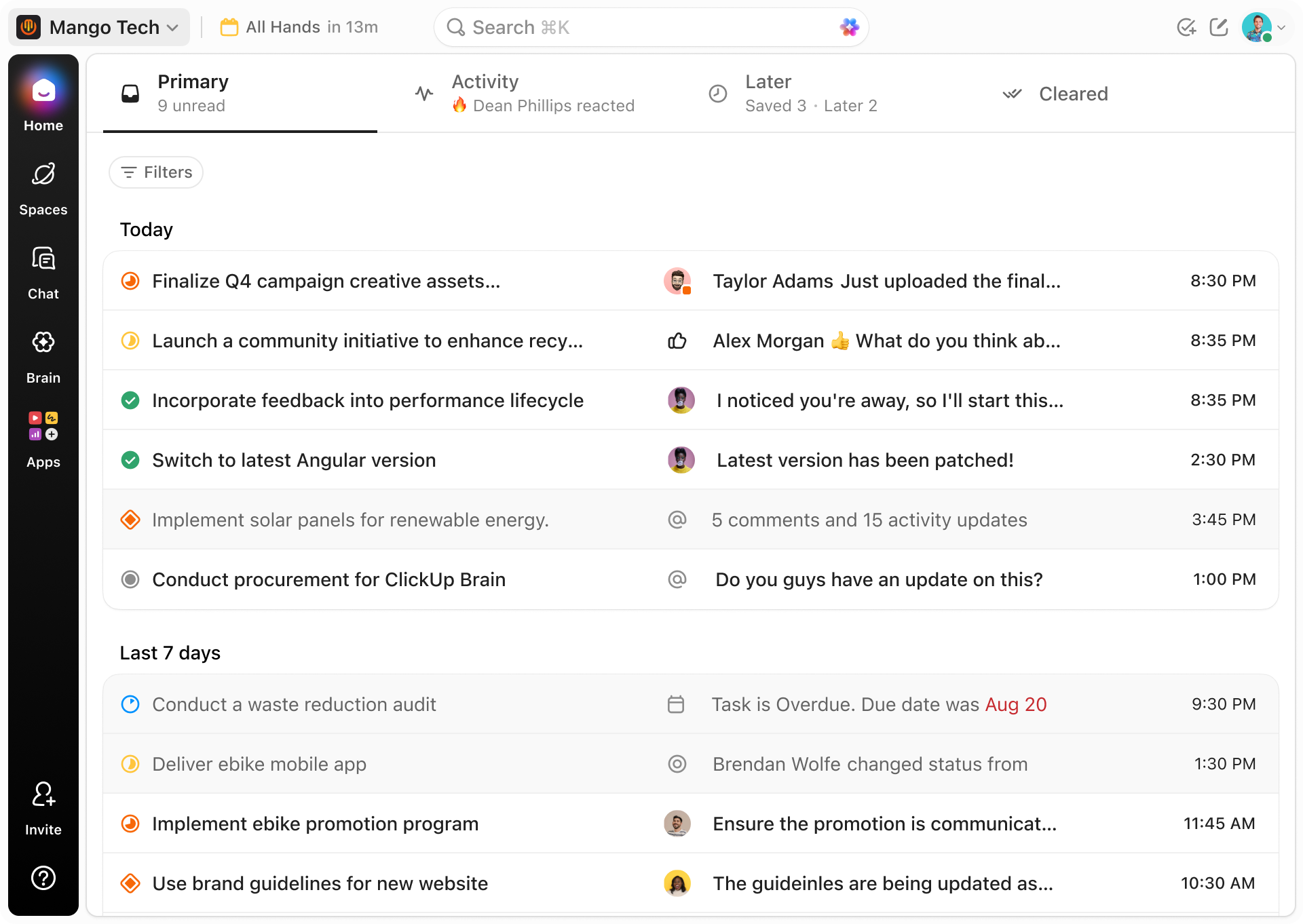 ClickUp Inbox showing notifications from across the workspace