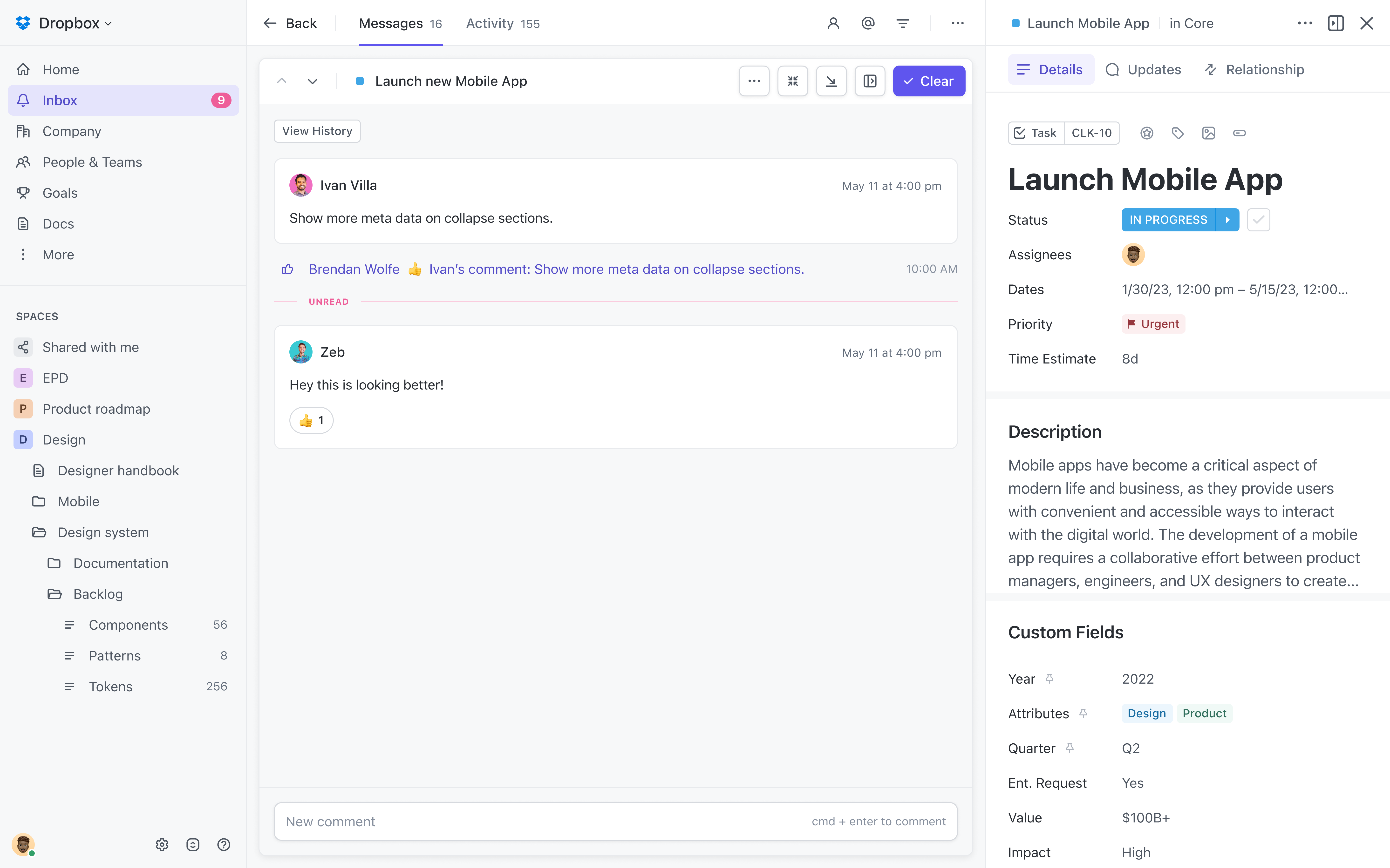 ClickUp Inbox showing a notification side-by-side with its task