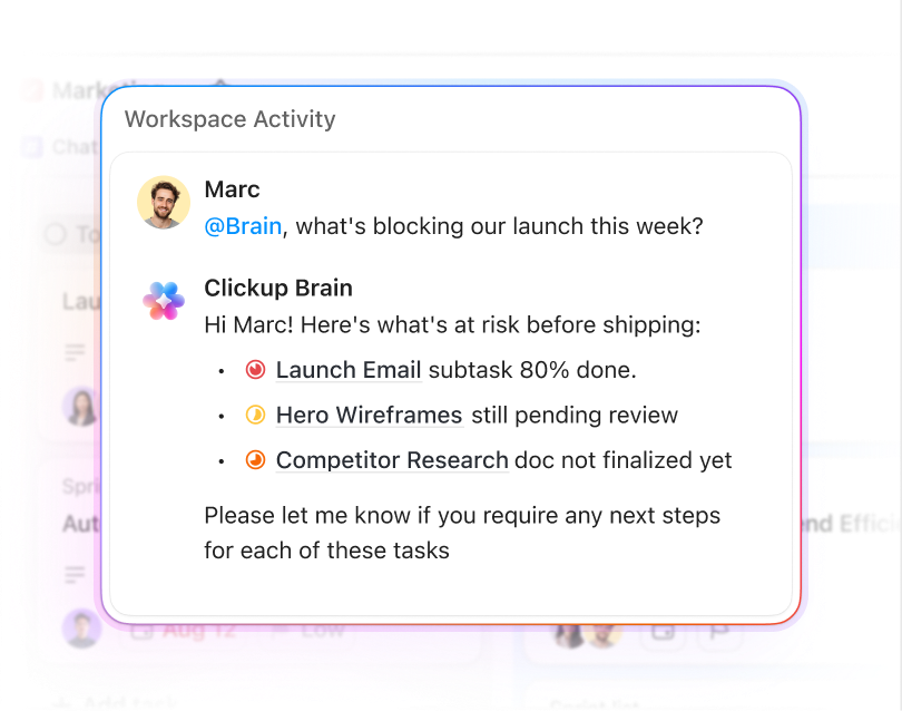 ClickUp Brain answering which board cards are stuck in progress