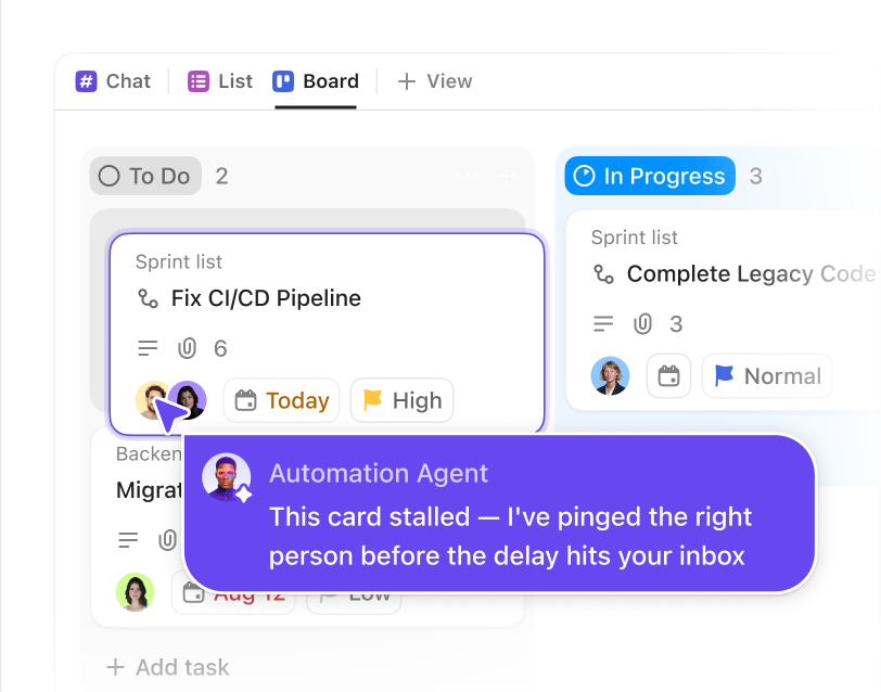 A Super Agent flagging a stalled card on a ClickUp board
