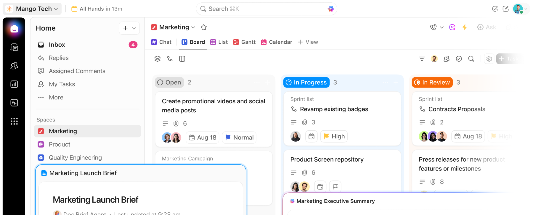 ClickUp Kanban board in the ClickUp workspace