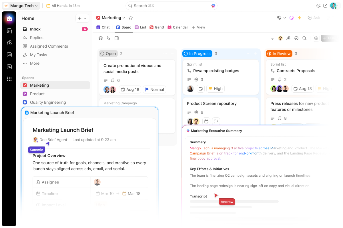 ClickUp Kanban board with task cards organized in status columns
