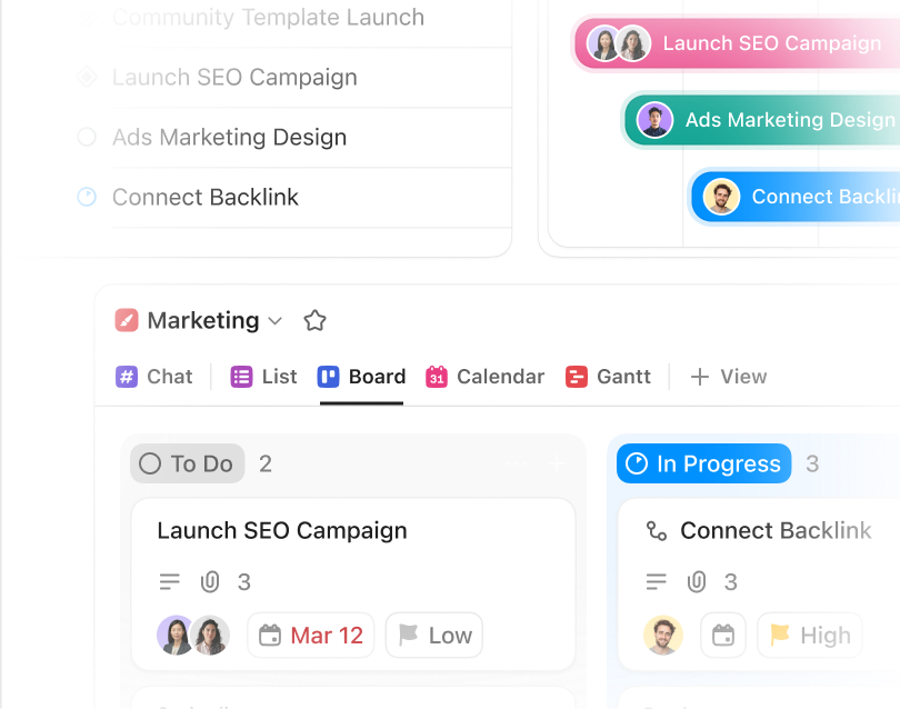 The same ClickUp tasks shown across Board, List, Calendar, and Gantt views
