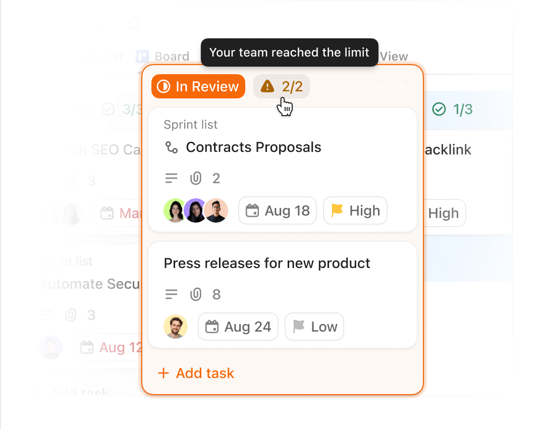 ClickUp board columns with work-in-progress limits flagged