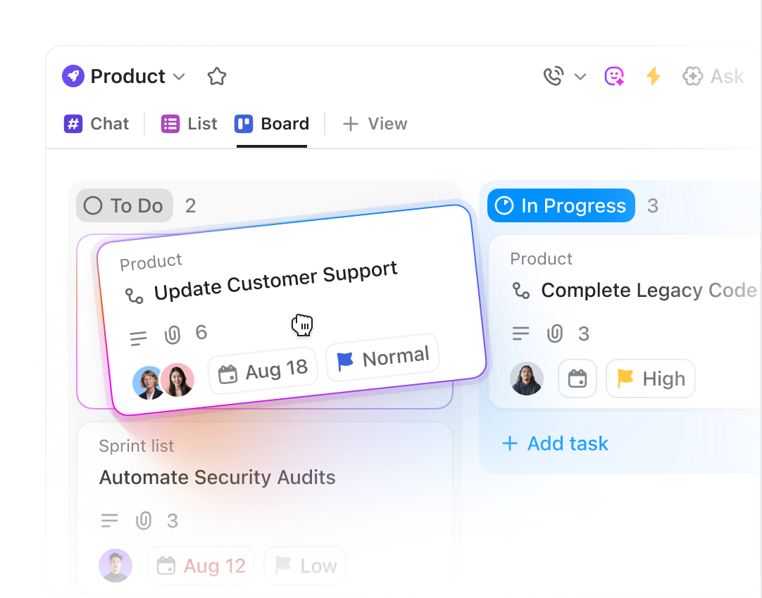 A ClickUp board card with owners, comments, attachments, and a linked doc
