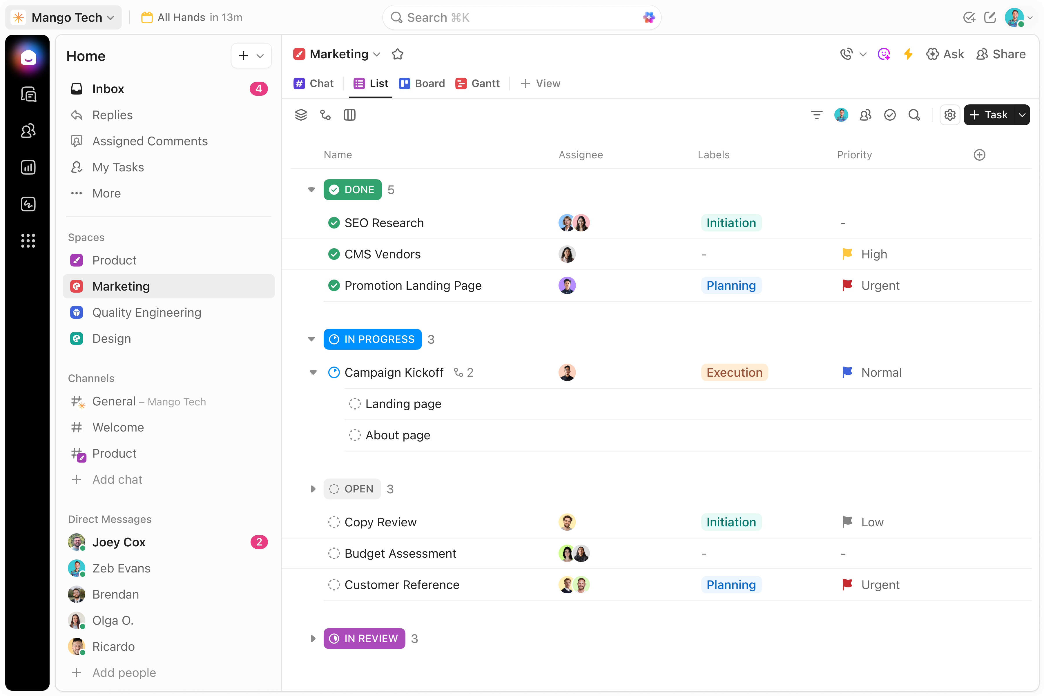 ClickUp Tasks showing requests captured, assigned, and tracked by owner