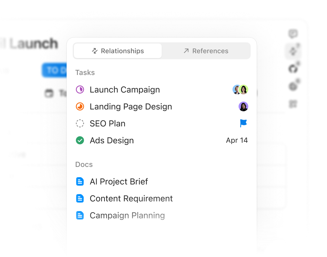 A ClickUp task linked to docs, chat, goals, and dashboards