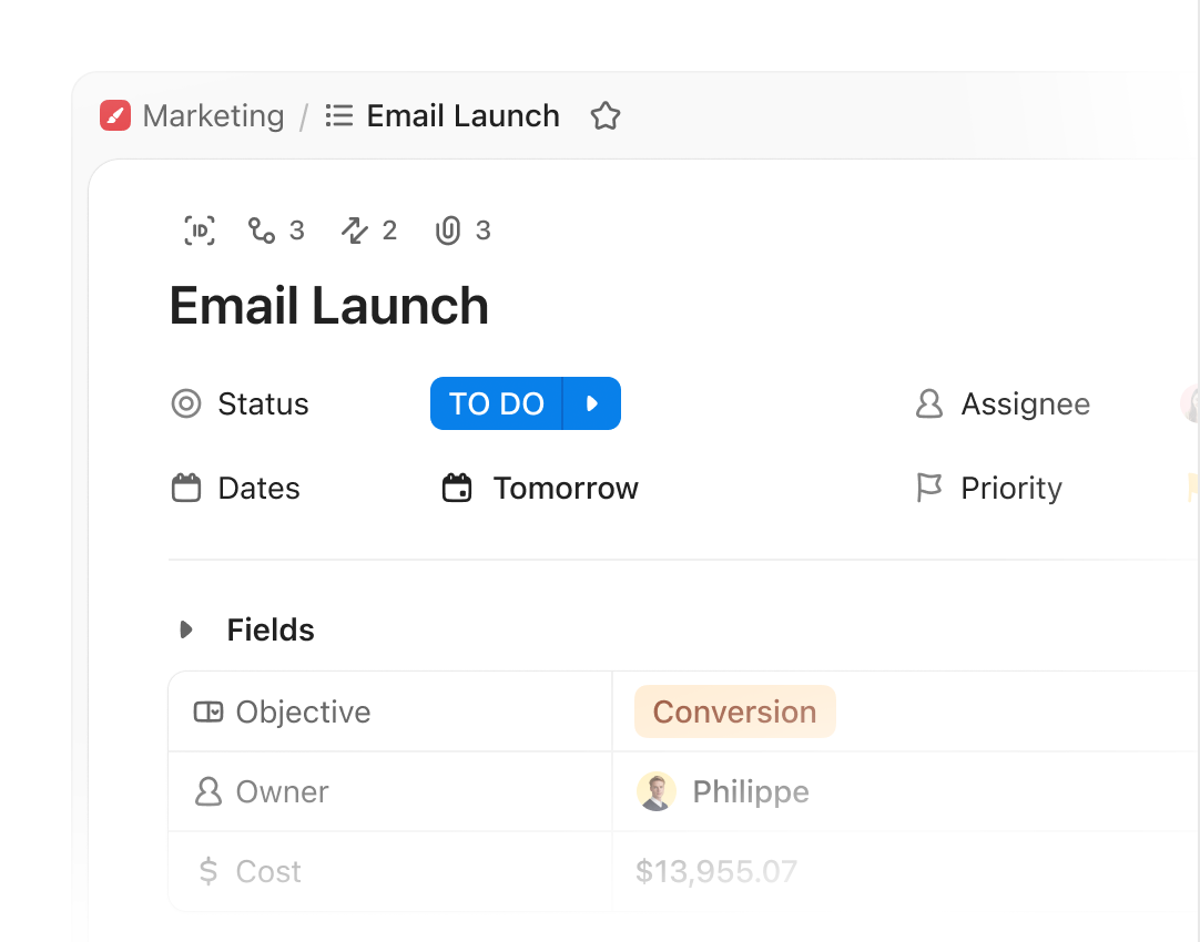 A ClickUp task with assignees, due dates, priorities, and custom fields