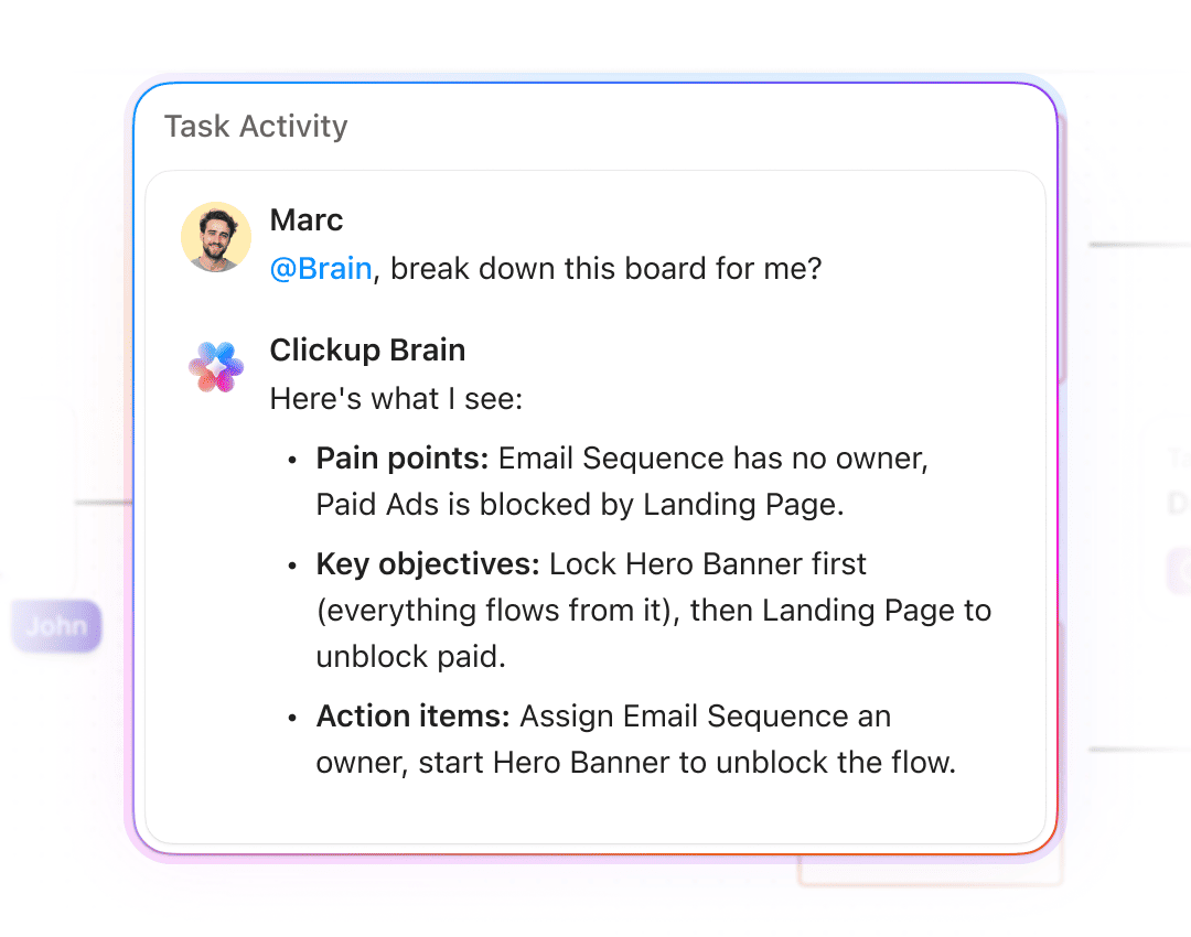 ClickUp Brain producing an editable Whiteboards flowchart